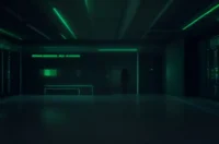 Illustration of a dark‑mode developer workspace showing a glowing terminal and sleek hardware with green neon accents, highlighting the concept of an Outbox Pattern for Kubernetes billing events.