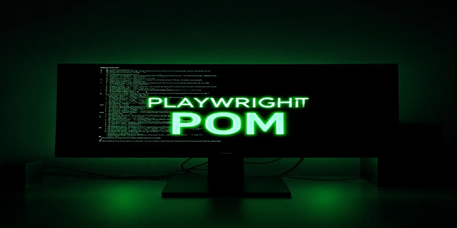A dark‑mode developer workspace with a glowing terminal and neon green accents visualizing the Page Object Model in Playwright.