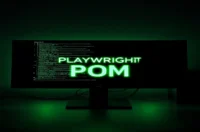 A dark‑mode developer workspace with a glowing terminal and neon green accents visualizing the Page Object Model in Playwright.