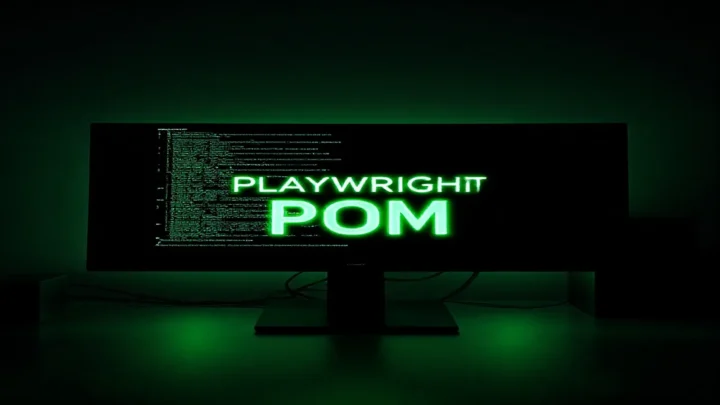 A dark‑mode developer workspace with a glowing terminal and neon green accents visualizing the Page Object Model in Playwright.