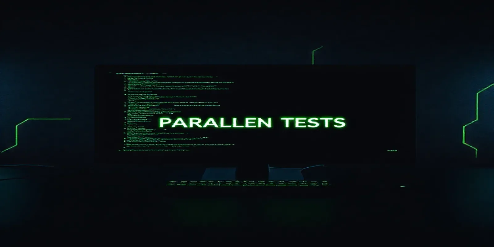 A dark‑mode developer scene with a glowing terminal and neon green accents illustrating how to parallelize Playwright tests to speed up CI/CD.