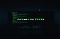 A dark‑mode developer scene with a glowing terminal and neon green accents illustrating how to parallelize Playwright tests to speed up CI/CD.