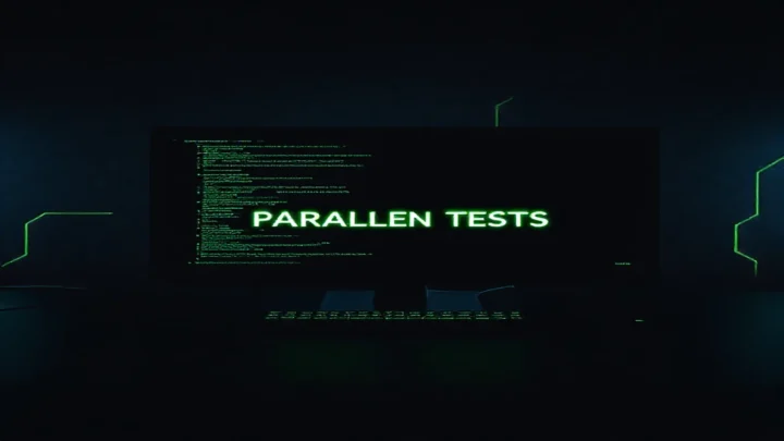 A dark‑mode developer scene with a glowing terminal and neon green accents illustrating how to parallelize Playwright tests to speed up CI/CD.