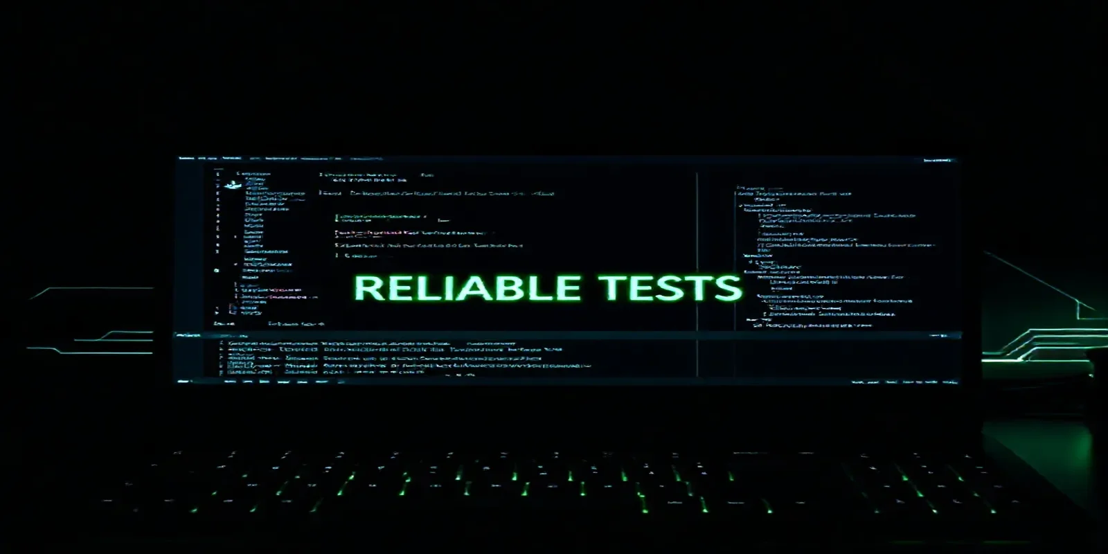 A dark‑mode developer workstation with a glowing terminal showing Docker and Playwright commands, illustrating the Docker Playwright setup for reliable tests.
