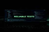 A dark‑mode developer workstation with a glowing terminal showing Docker and Playwright commands, illustrating the Docker Playwright setup for reliable tests.