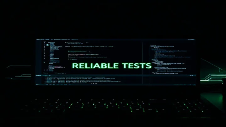 A dark‑mode developer workstation with a glowing terminal showing Docker and Playwright commands, illustrating the Docker Playwright setup for reliable tests.