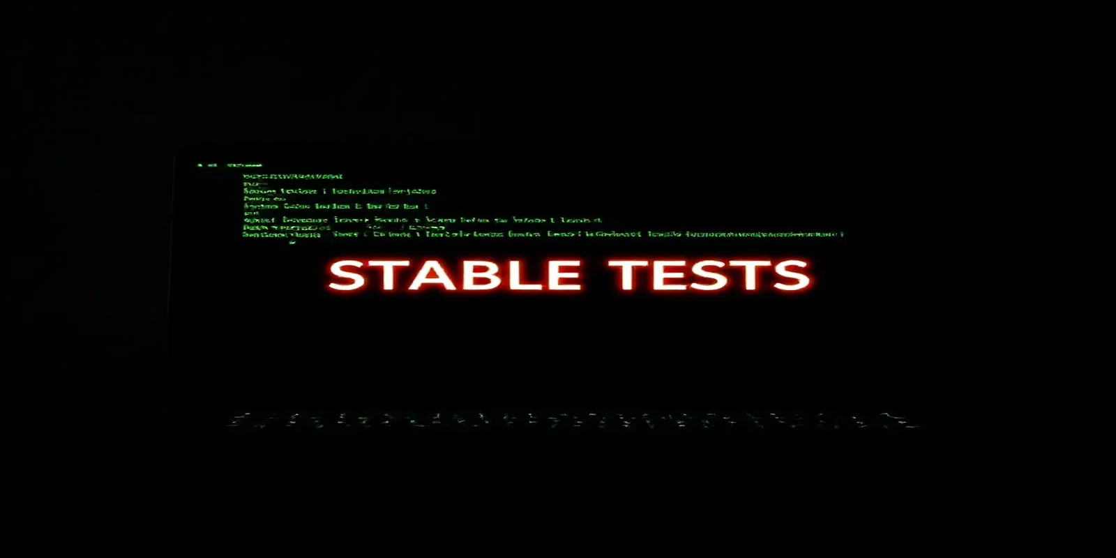 A dark‑mode developer scene featuring a glowing terminal with Playwright fixture code and the bold label “STABLE TESTS”, highlighting the article on stable testing practices.