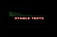 A dark‑mode developer scene featuring a glowing terminal with Playwright fixture code and the bold label “STABLE TESTS”, highlighting the article on stable testing practices.