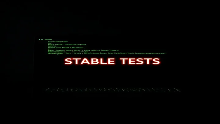 A dark‑mode developer scene featuring a glowing terminal with Playwright fixture code and the bold label “STABLE TESTS”, highlighting the article on stable testing practices.