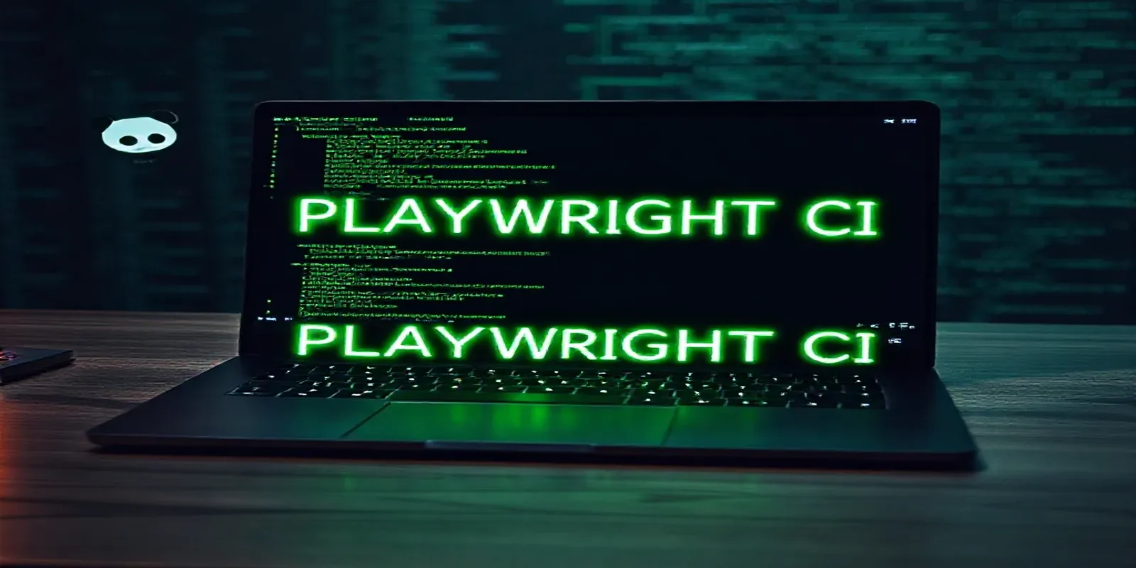A dark developer workspace featuring a glowing terminal running Playwright tests with GitHub Actions icons, highlighted by neon green accents.