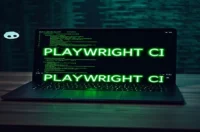 A dark developer workspace featuring a glowing terminal running Playwright tests with GitHub Actions icons, highlighted by neon green accents.