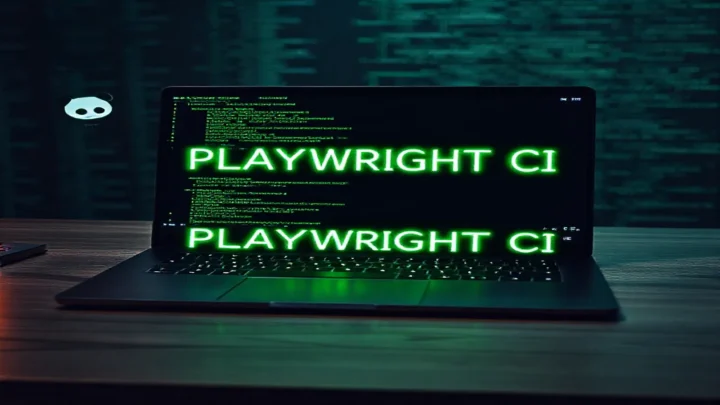 A dark developer workspace featuring a glowing terminal running Playwright tests with GitHub Actions icons, highlighted by neon green accents.