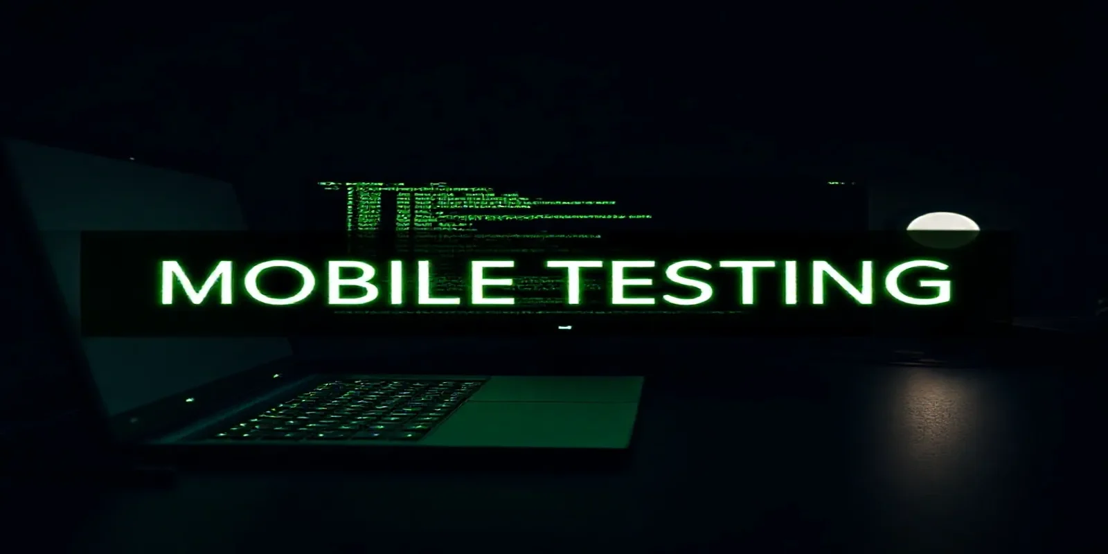 A dark‑mode developer workspace with a glowing green terminal displaying Playwright mobile web testing code, illustrating best‑practice testing on mobile browsers.