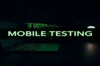 A dark‑mode developer workspace with a glowing green terminal displaying Playwright mobile web testing code, illustrating best‑practice testing on mobile browsers.