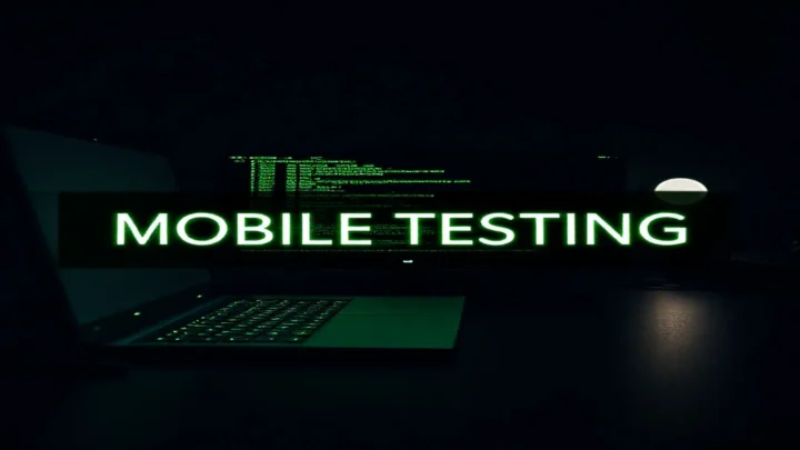 A dark‑mode developer workspace with a glowing green terminal displaying Playwright mobile web testing code, illustrating best‑practice testing on mobile browsers.