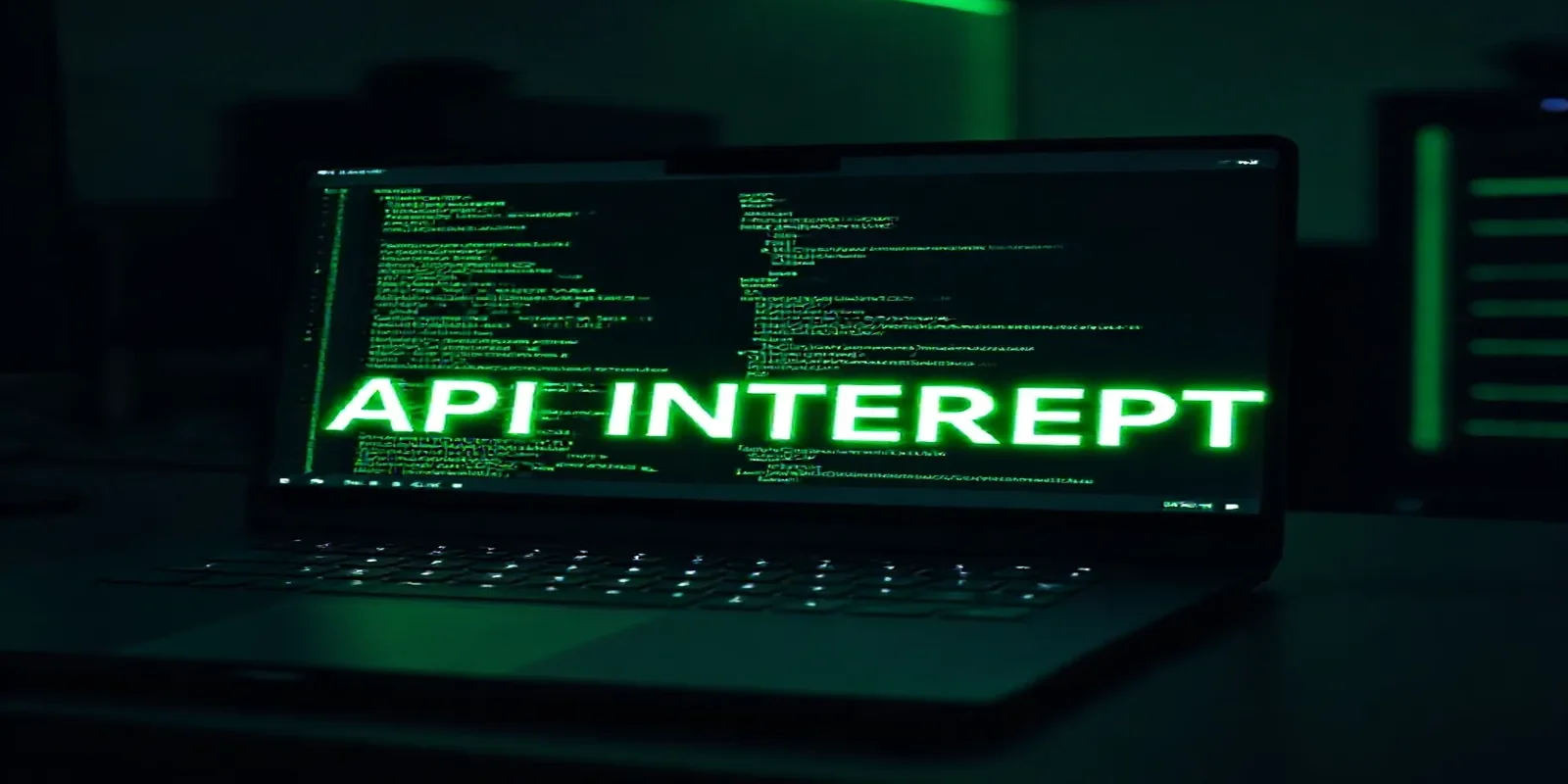 A dark‑mode developer workspace featuring a glowing terminal that visualizes a Playwright Mock API intercepting network requests.