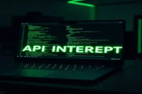 A dark‑mode developer workspace featuring a glowing terminal that visualizes a Playwright Mock API intercepting network requests.