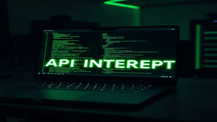 A dark‑mode developer workspace featuring a glowing terminal that visualizes a Playwright Mock API intercepting network requests.