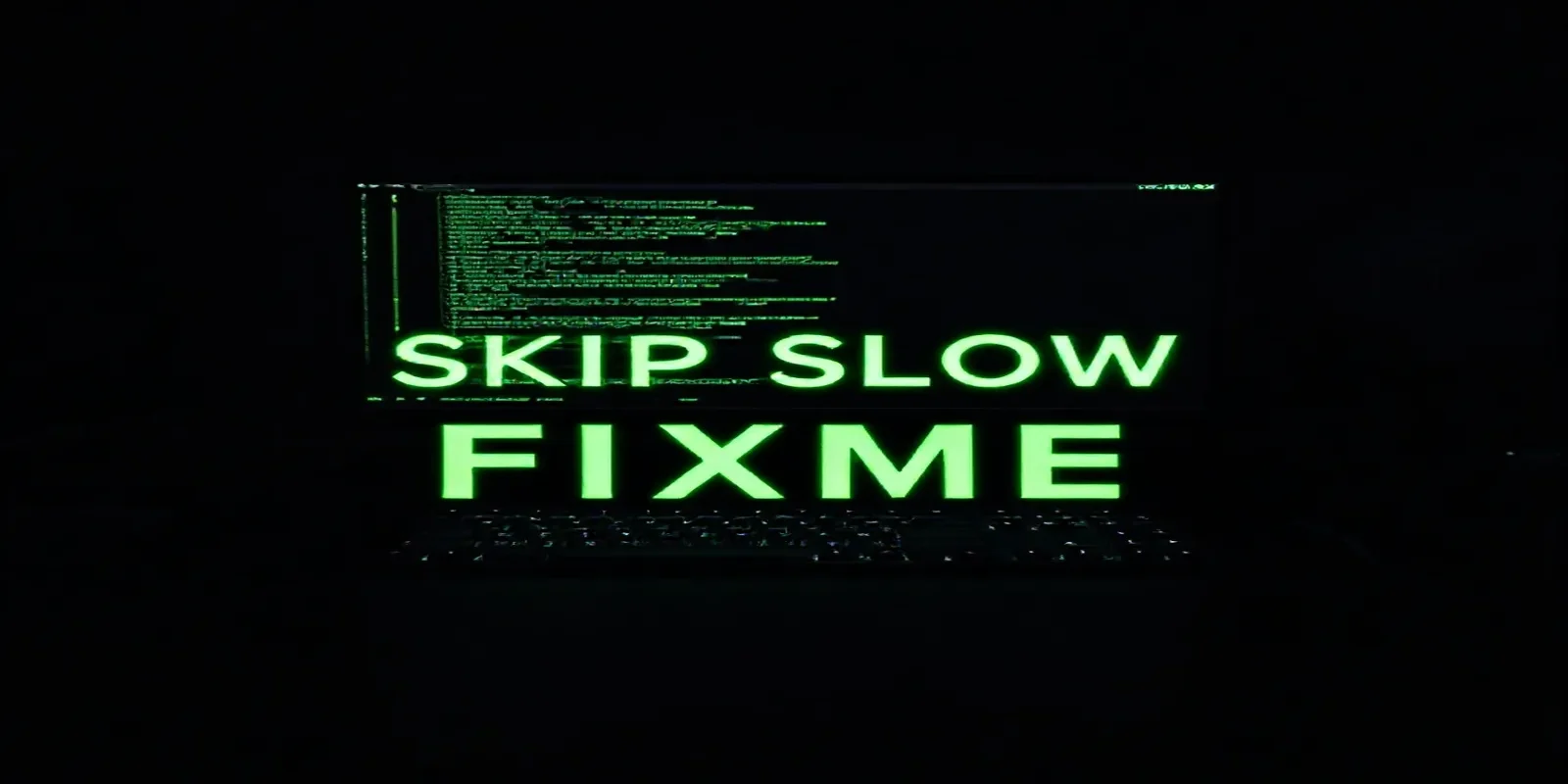 Dark developer scene with a glowing terminal and neon green accents illustrating Playwright test annotations such as skip, slow, and fixme.