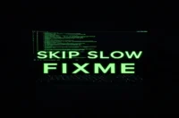 Dark developer scene with a glowing terminal and neon green accents illustrating Playwright test annotations such as skip, slow, and fixme.