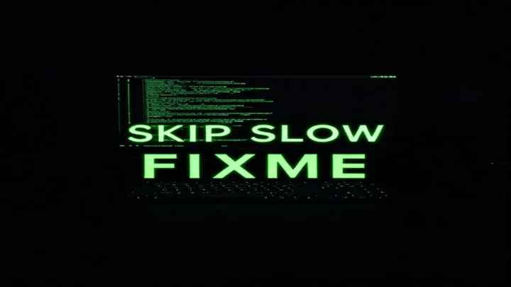 Dark developer scene with a glowing terminal and neon green accents illustrating Playwright test annotations such as skip, slow, and fixme.