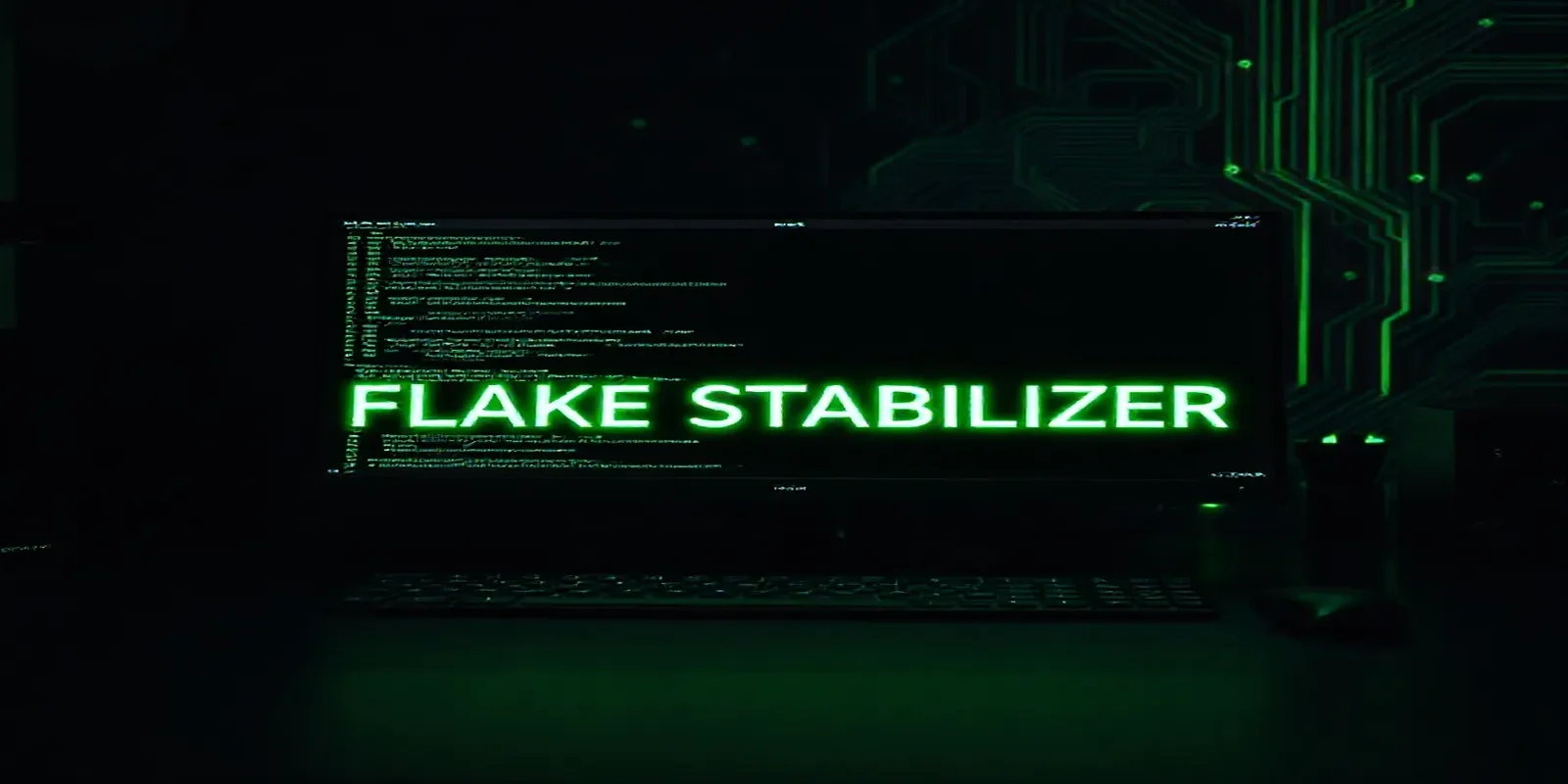 A dark‑mode developer workstation with a glowing terminal and neon green accents visualizing Playwright test flakiness and auto‑retry stabilization.