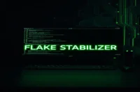 A dark‑mode developer workstation with a glowing terminal and neon green accents visualizing Playwright test flakiness and auto‑retry stabilization.