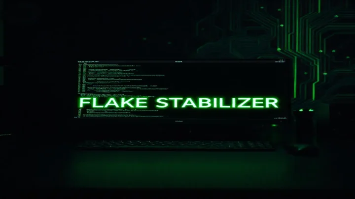 A dark‑mode developer workstation with a glowing terminal and neon green accents visualizing Playwright test flakiness and auto‑retry stabilization.