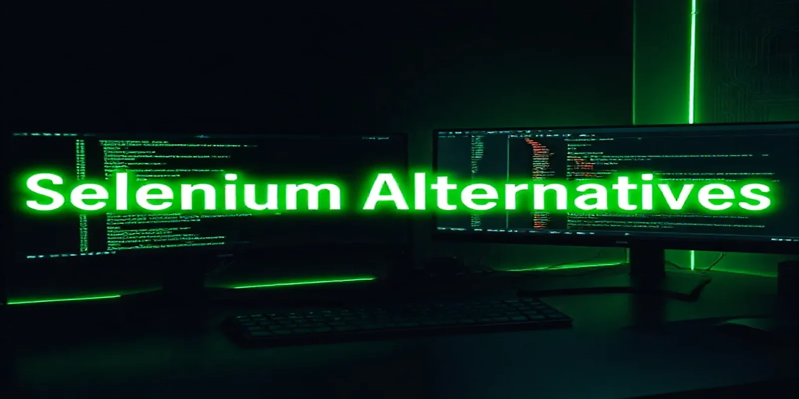 Dark developer workspace cover image highlighting Selenium alternatives for React with glowing green terminal code for Playwright and Cypress.