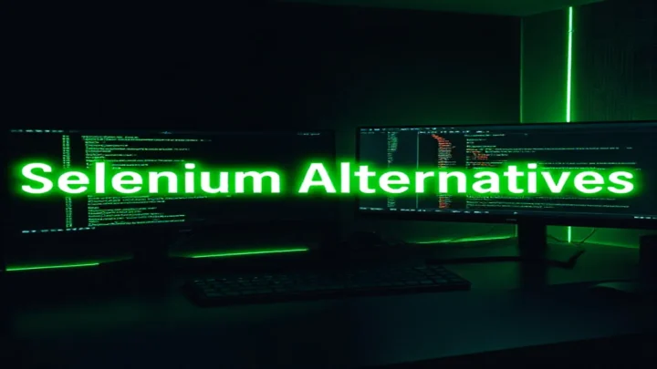 Dark developer workspace cover image highlighting Selenium alternatives for React with glowing green terminal code for Playwright and Cypress.