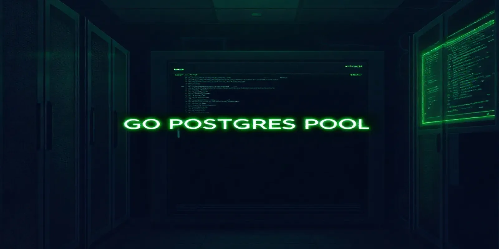 Dark developer‑style illustration featuring a glowing terminal and sleek server hardware with neon green accents, visualizing Postgres connection pooling for Go services.