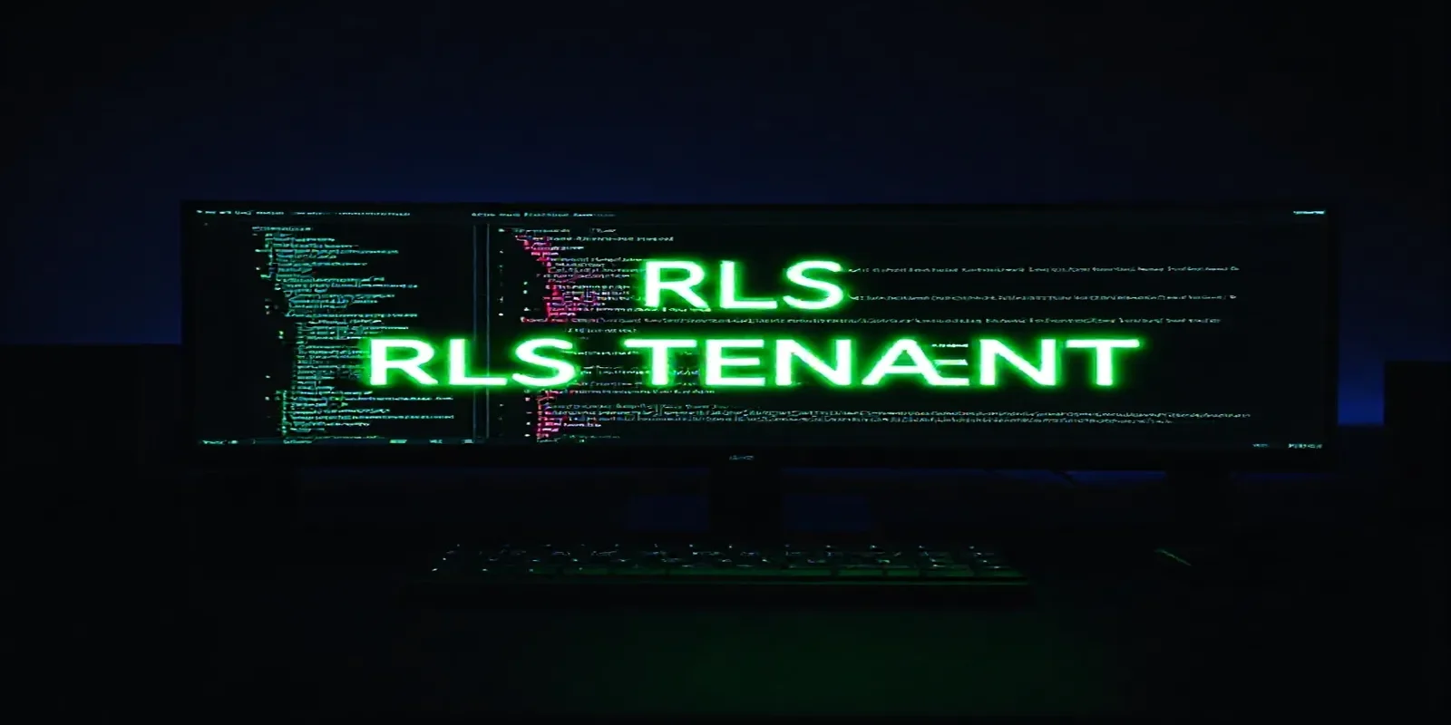 Dark‑mode developer scene with a glowing terminal showing PostgreSQL RLS code and a neon‑green “RLS TENANT” label, illustrating Postgres RLS with Prisma for multi‑tenant apps.