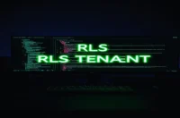 Dark‑mode developer scene with a glowing terminal showing PostgreSQL RLS code and a neon‑green “RLS TENANT” label, illustrating Postgres RLS with Prisma for multi‑tenant apps.