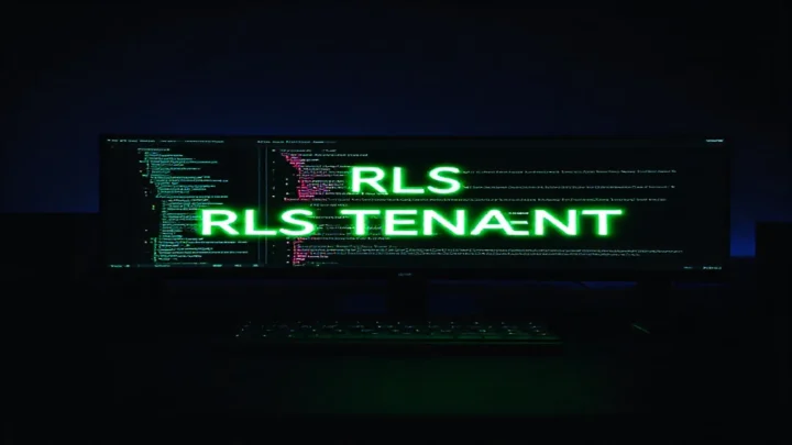 Dark‑mode developer scene with a glowing terminal showing PostgreSQL RLS code and a neon‑green “RLS TENANT” label, illustrating Postgres RLS with Prisma for multi‑tenant apps.