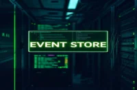 A dark‑mode developer scene contrasting a glowing terminal with PostgreSQL and CockroachDB symbols and a bold “EVENT STORE” label, illustrating the Postgres vs CockroachDB global event store guide.