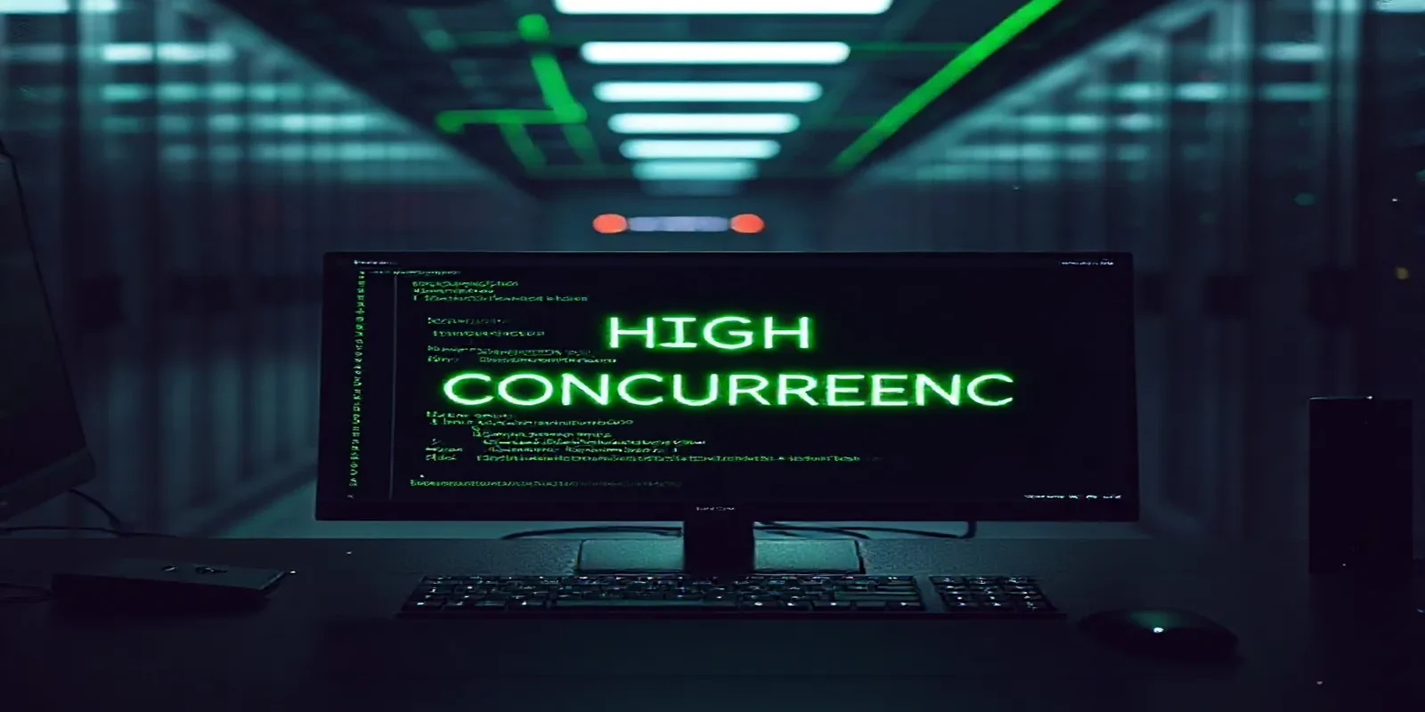 A dark developer‑themed illustration featuring a glowing terminal displaying Prisma connection pooling code with neon‑green accents, emphasizing high concurrency.