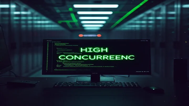 A dark developer‑themed illustration featuring a glowing terminal displaying Prisma connection pooling code with neon‑green accents, emphasizing high concurrency.
