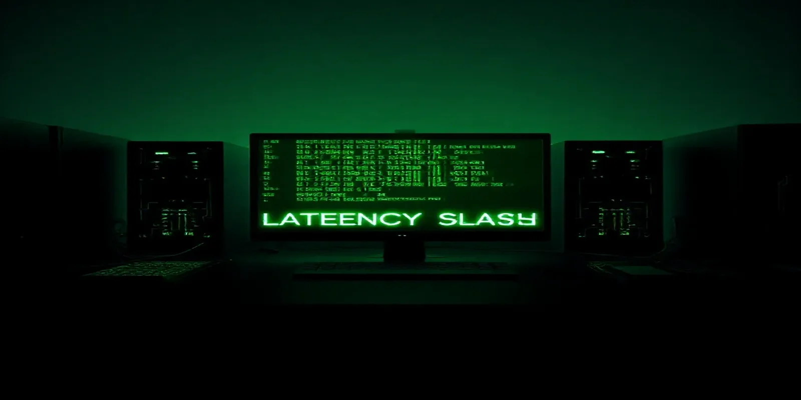 A dark‑mode developer scene featuring a glowing green terminal showing Prisma eager loading code, highlighting tips to slash query latency.