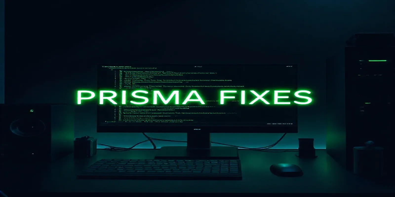 Dark developer workspace with a glowing terminal and neon green “PRISMA FIXES” label, illustrating the Prisma Engine Not Connected issue.