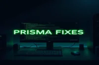 Dark developer workspace with a glowing terminal and neon green “PRISMA FIXES” label, illustrating the Prisma Engine Not Connected issue.