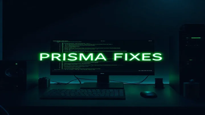 Dark developer workspace with a glowing terminal and neon green “PRISMA FIXES” label, illustrating the Prisma Engine Not Connected issue.