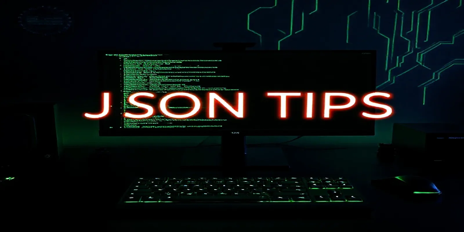 A dark‑mode developer scene with a glowing terminal displaying Prisma JSON handling code and neon green accents, designed for the “JSON TIPS” blog cover.