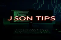 A dark‑mode developer scene with a glowing terminal displaying Prisma JSON handling code and neon green accents, designed for the “JSON TIPS” blog cover.