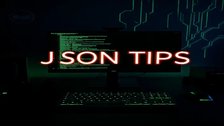 A dark‑mode developer scene with a glowing terminal displaying Prisma JSON handling code and neon green accents, designed for the “JSON TIPS” blog cover.