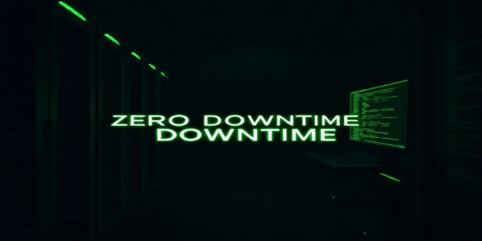 A dark‑mode developer workspace showing a glowing terminal and sleek hardware with neon green accents, highlighting “ZERO DOWNTIME” to illustrate Prisma migration strategies.