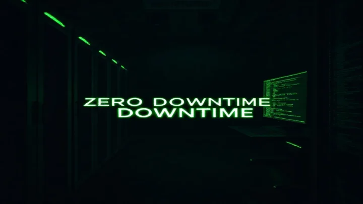 A dark‑mode developer workspace showing a glowing terminal and sleek hardware with neon green accents, highlighting “ZERO DOWNTIME” to illustrate Prisma migration strategies.