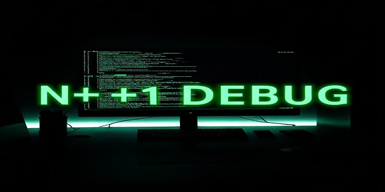 Dark‑mode developer scene with a glowing terminal and neon green accents, featuring the label “N+1 DEBUG” to illustrate Prisma N+1 query debugging.
