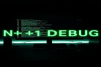 Dark‑mode developer scene with a glowing terminal and neon green accents, featuring the label “N+1 DEBUG” to illustrate Prisma N+1 query debugging.