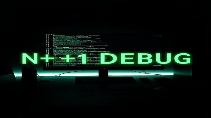 Dark‑mode developer scene with a glowing terminal and neon green accents, featuring the label “N+1 DEBUG” to illustrate Prisma N+1 query debugging.