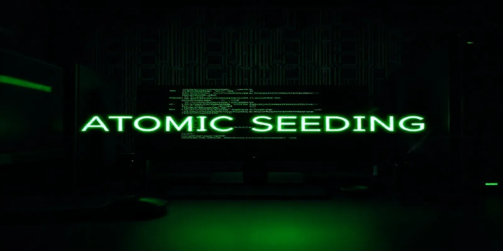 A dark‑mode developer workspace showing a glowing green terminal and the bold label "ATOMIC SEEDING", illustrating Prisma seeding in CI/CD pipelines.